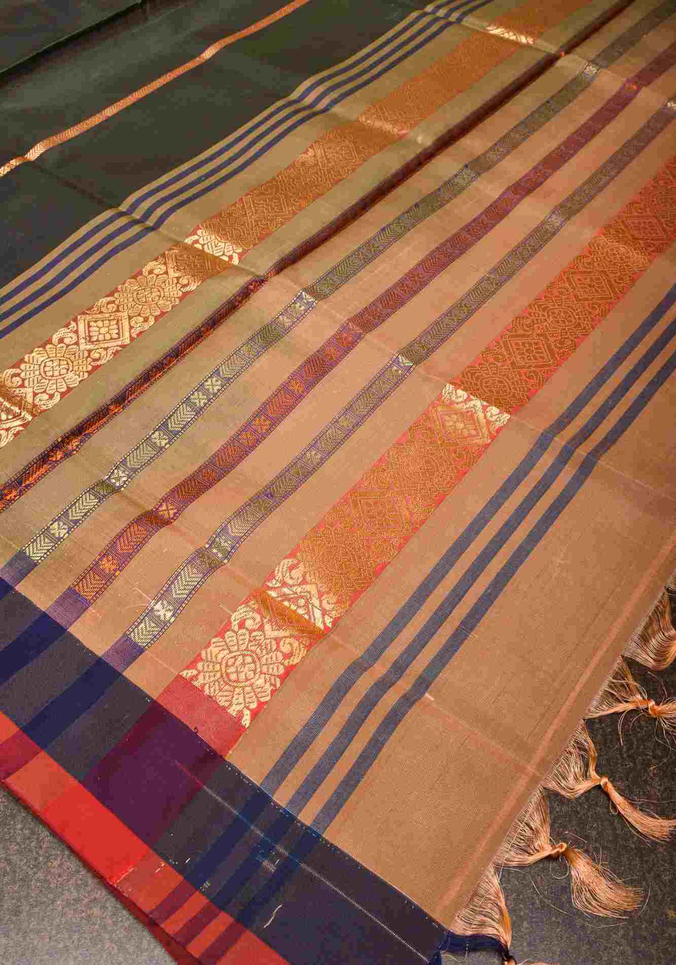 Vegan Silk Handloom prestitched Saree in Dark Gray with Resham Stripes and Contrast Pallu, No Blouse piece ready to wear saree