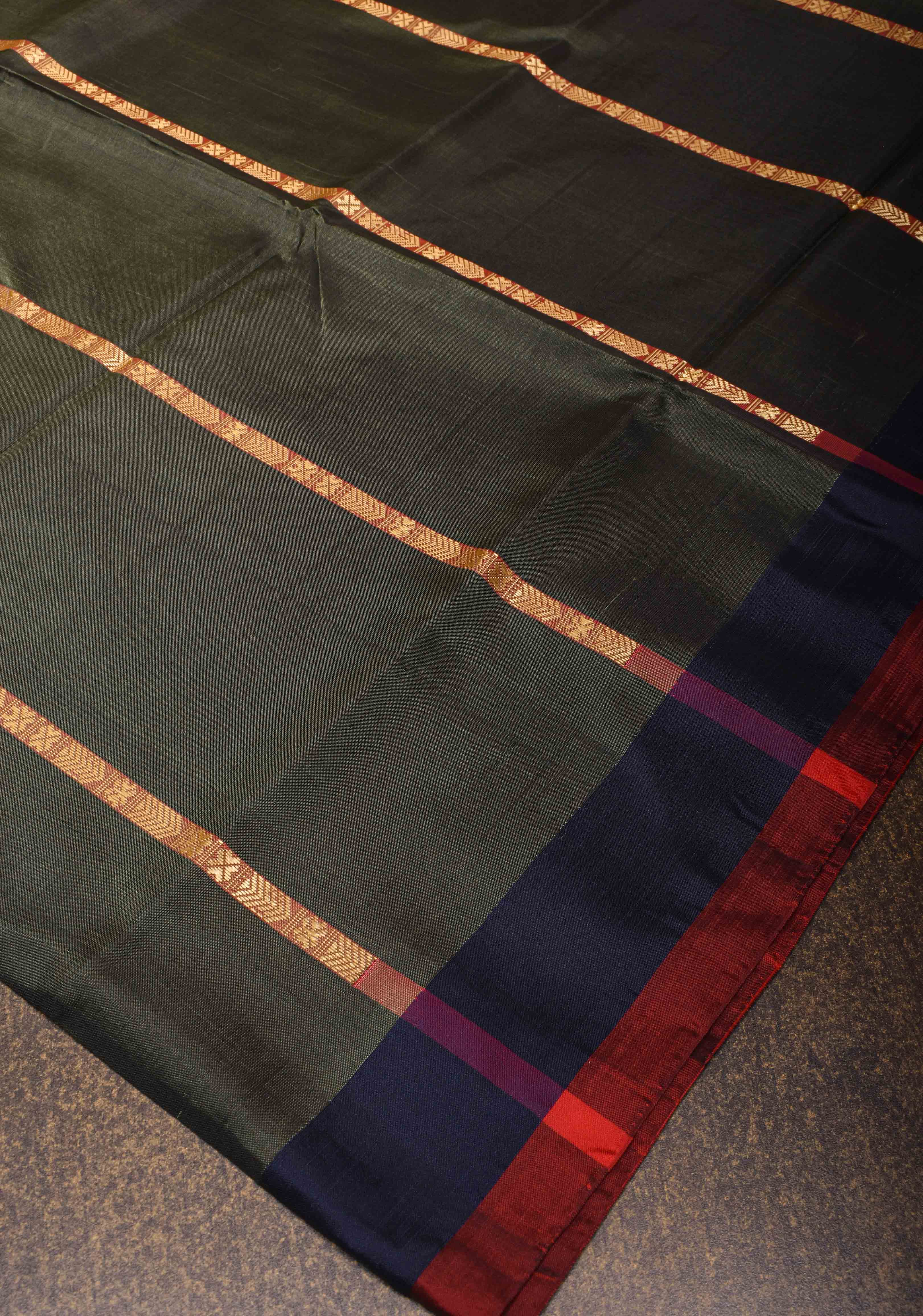 Vegan Silk Handloom Saree in Dark Gray with Resham Stripes and Contrast Pallu, No Blouse piece | SHOBITAM