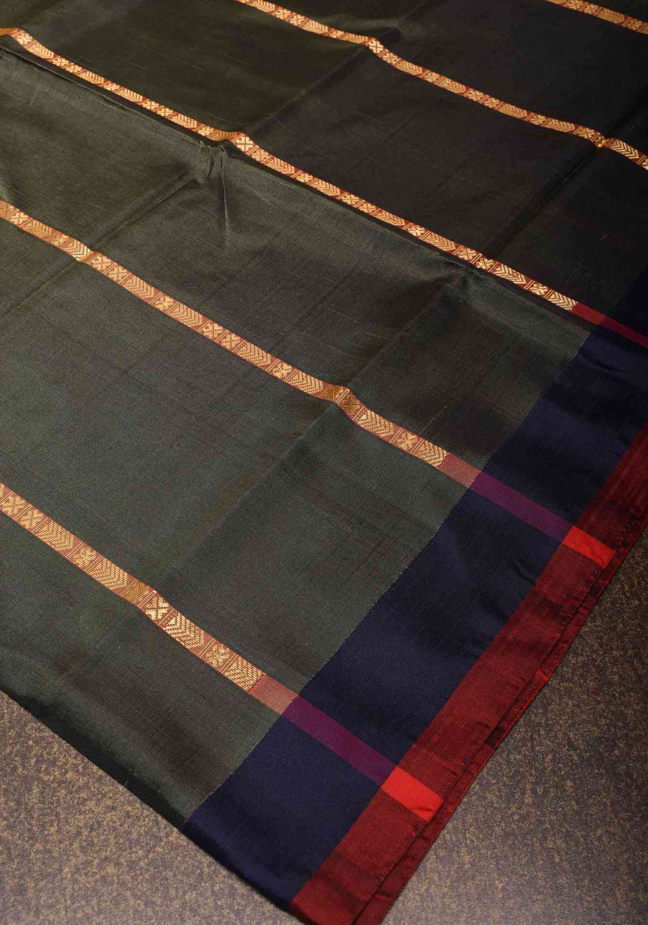 Vegan Silk Handloom prestitched Saree in Dark Gray with Resham Stripes and Contrast Pallu, No Blouse piece ready to wear saree