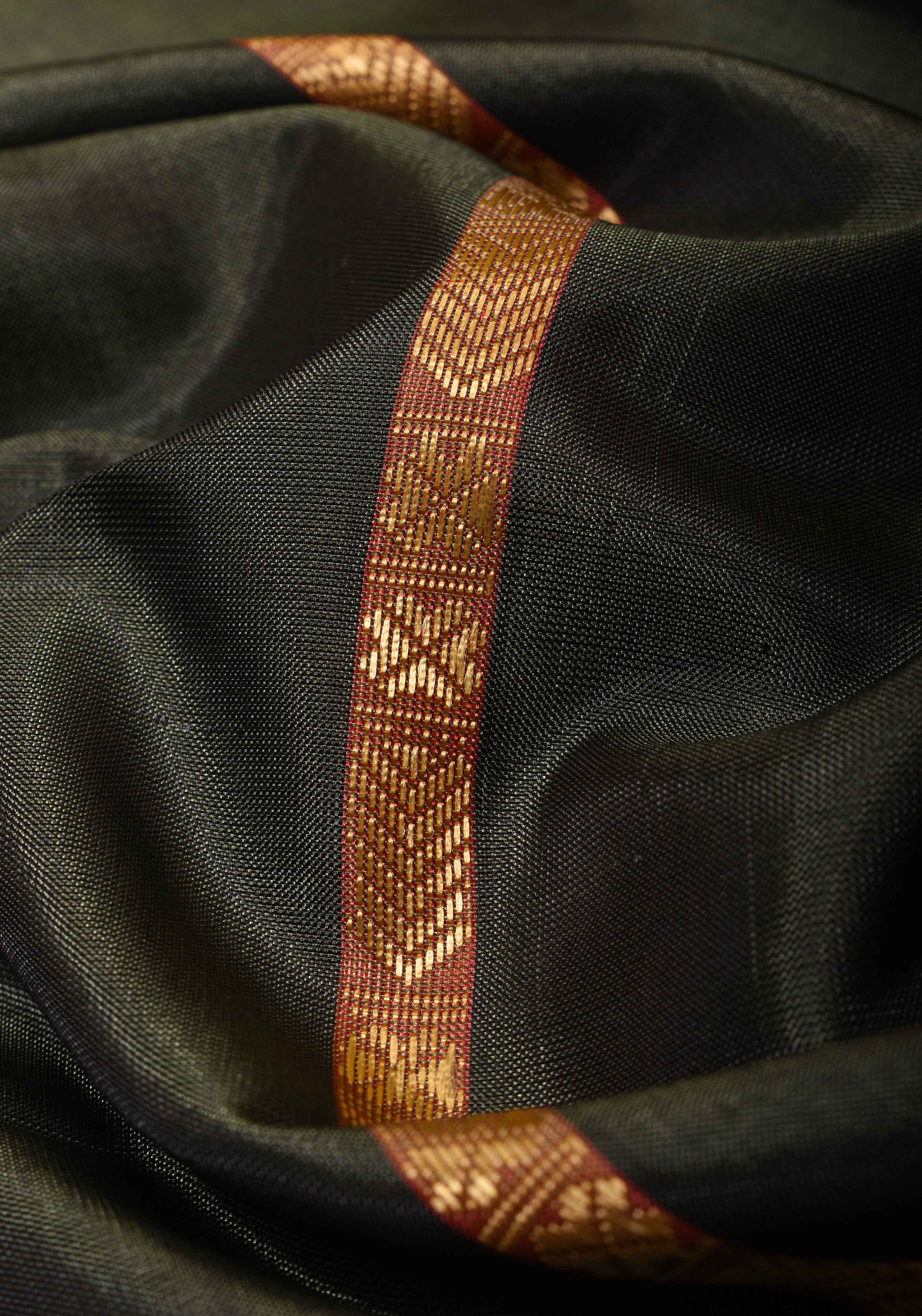 Vegan Silk Handloom Saree in Dark Gray with Resham Stripes and Contrast Pallu, No Blouse piece | SHOBITAM