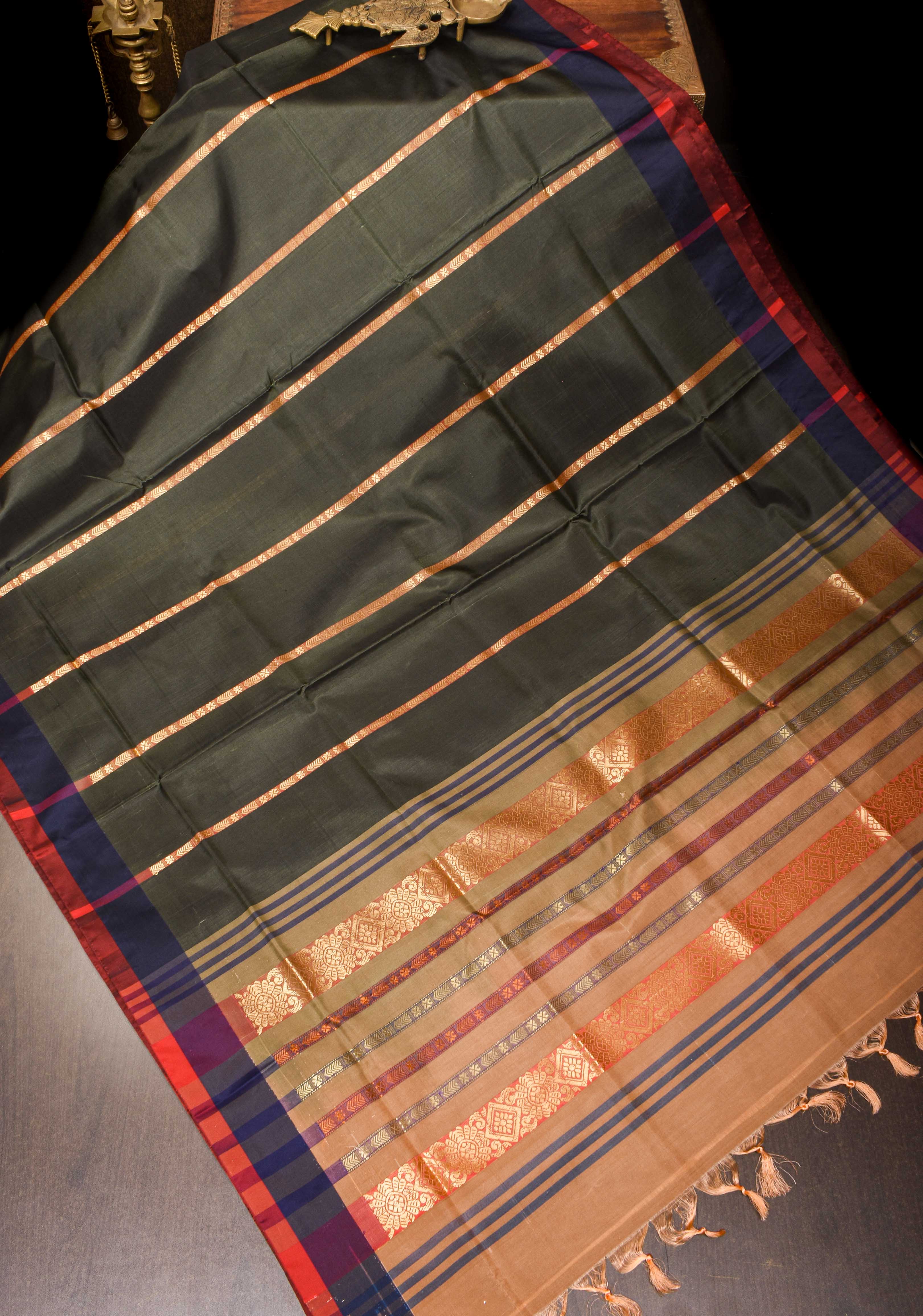 Vegan Silk Handloom Saree in Dark Gray with Resham Stripes and Contrast Pallu, No Blouse piece | SHOBITAM