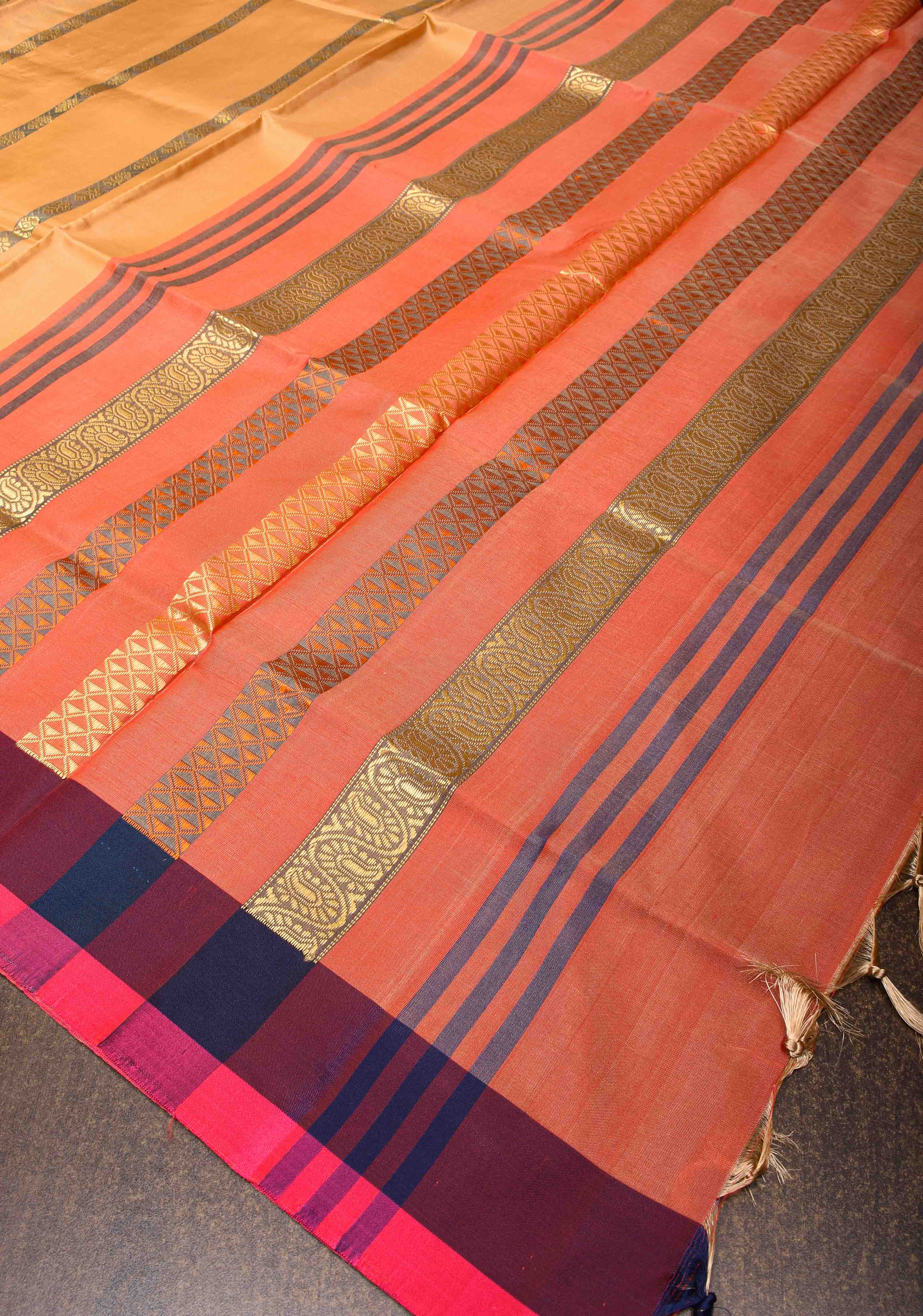 Vegan Silk Handloom Saree in Peach with Resham Buttas and Contrast Pallu, No Blouse piece | Shobitam