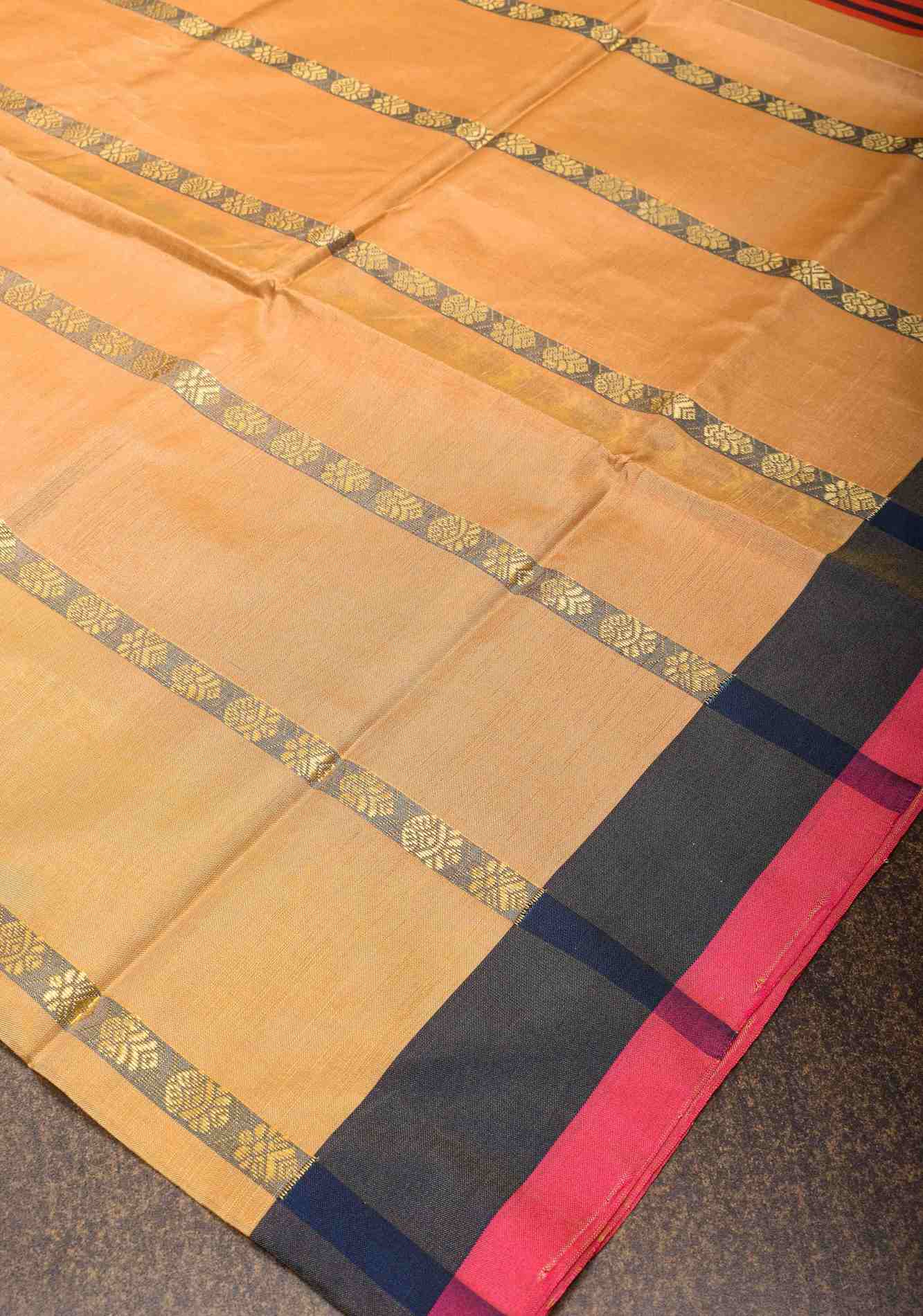 Vegan Silk Handloom stitched pleated Saree in Peach with Resham Buttas and Contrast Pallu, No Blouse piece ready to wear saree