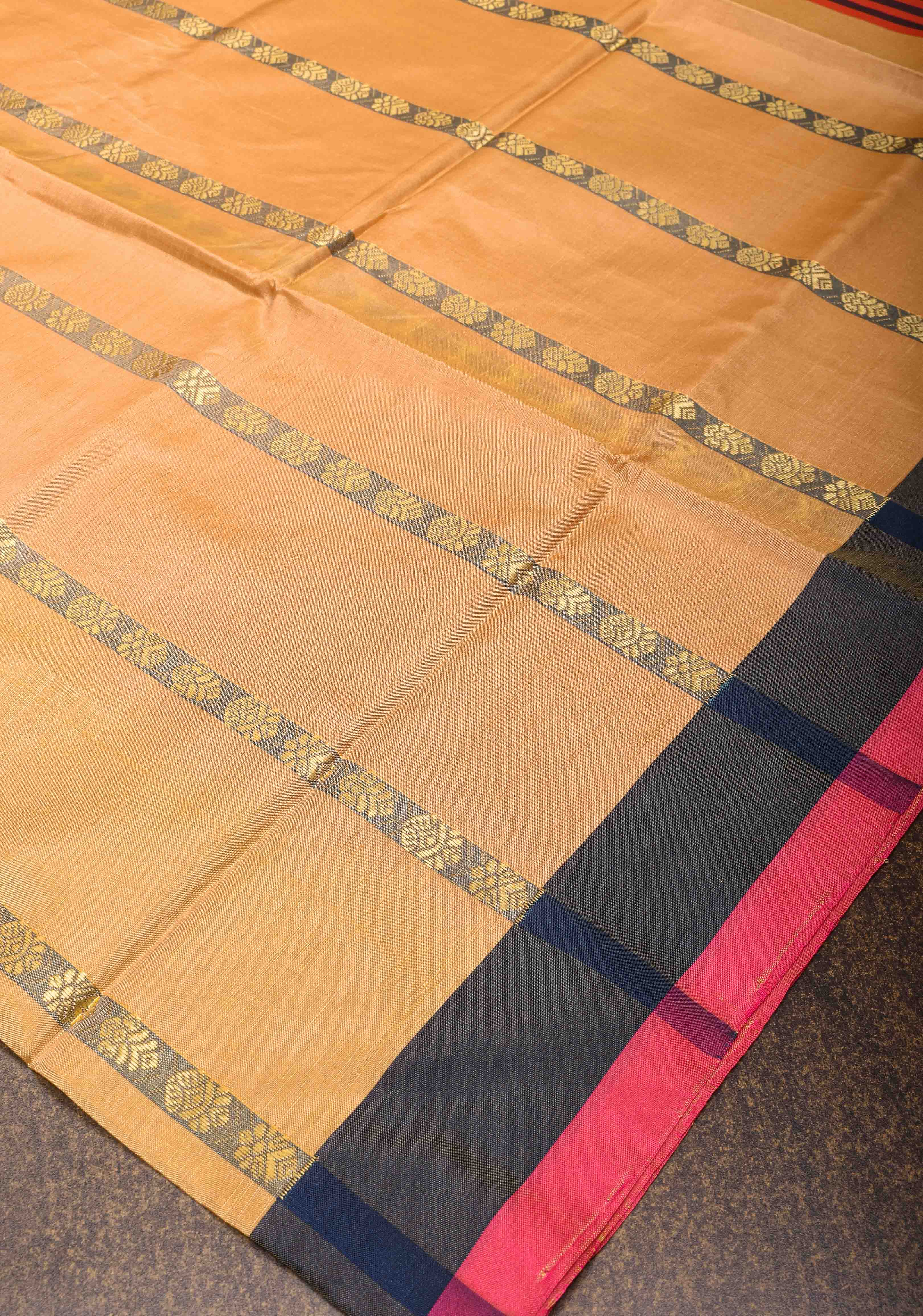 Vegan Silk Handloom Saree in Peach with Resham Buttas and Contrast Pallu, No Blouse piece | Shobitam
