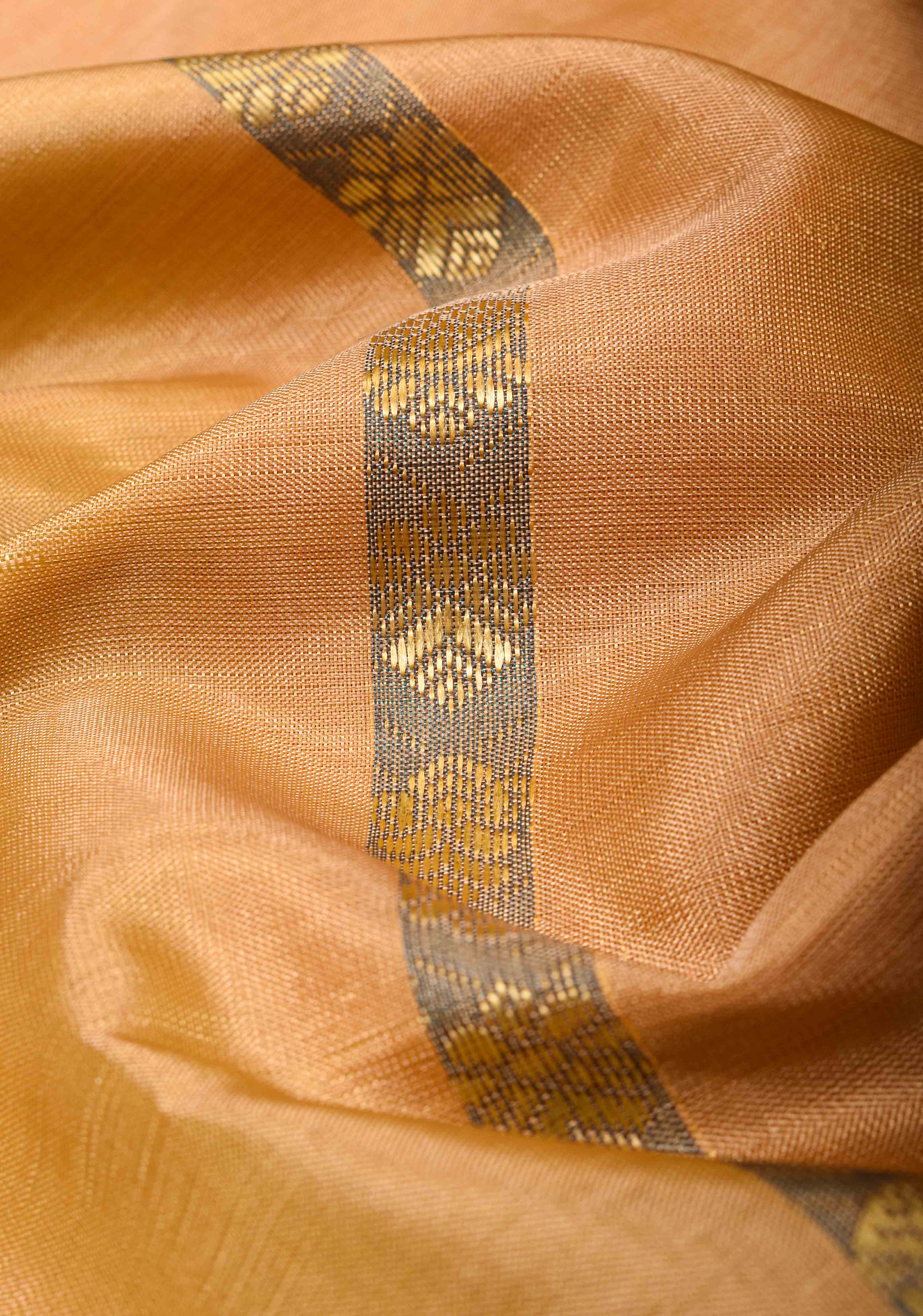 Vegan Silk Handloom Saree in Peach with Resham Buttas and Contrast Pallu, No Blouse piece | Shobitam