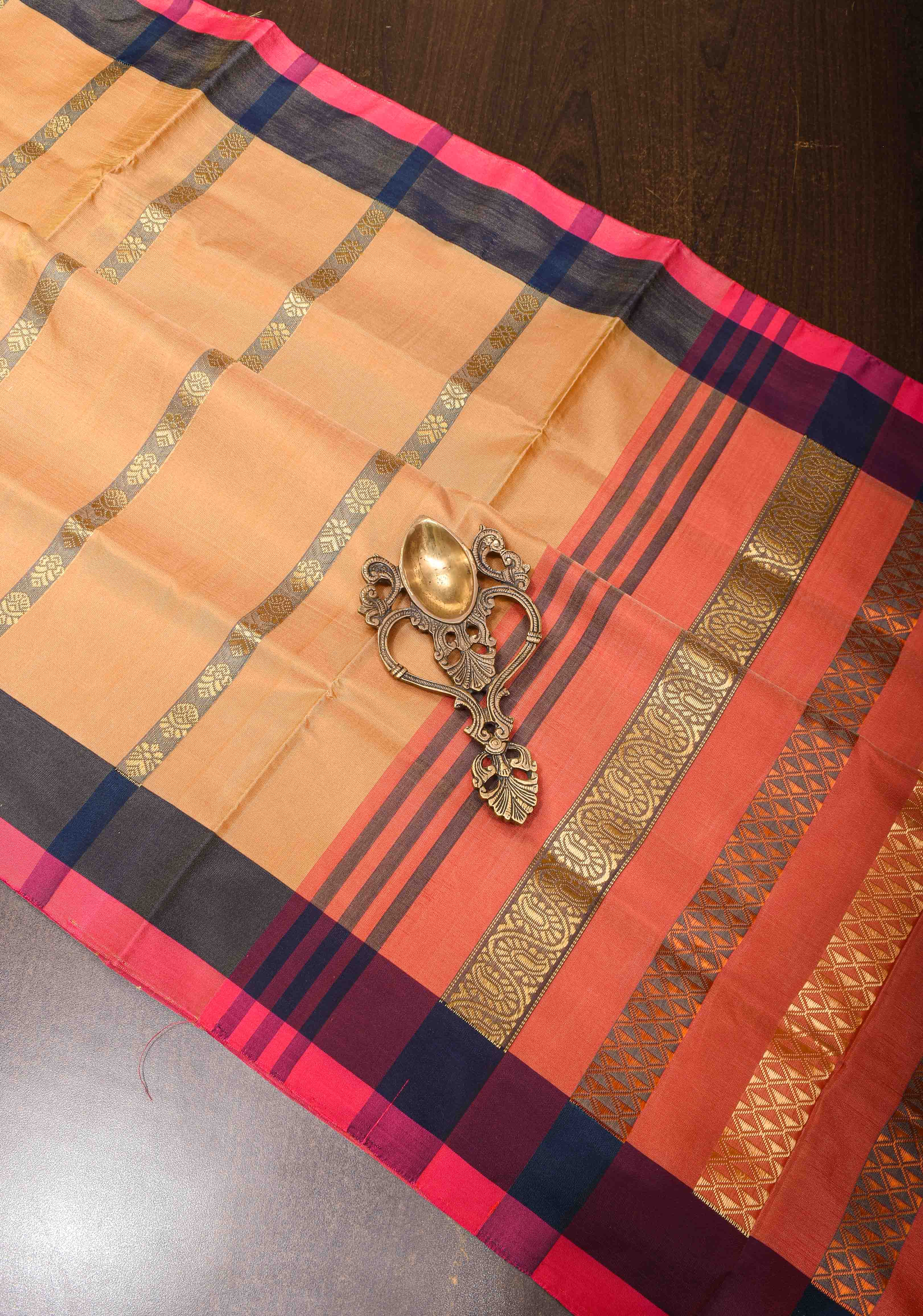 Vegan Silk Handloom Saree in Peach with Resham Buttas and Contrast Pallu, No Blouse piece | Shobitam