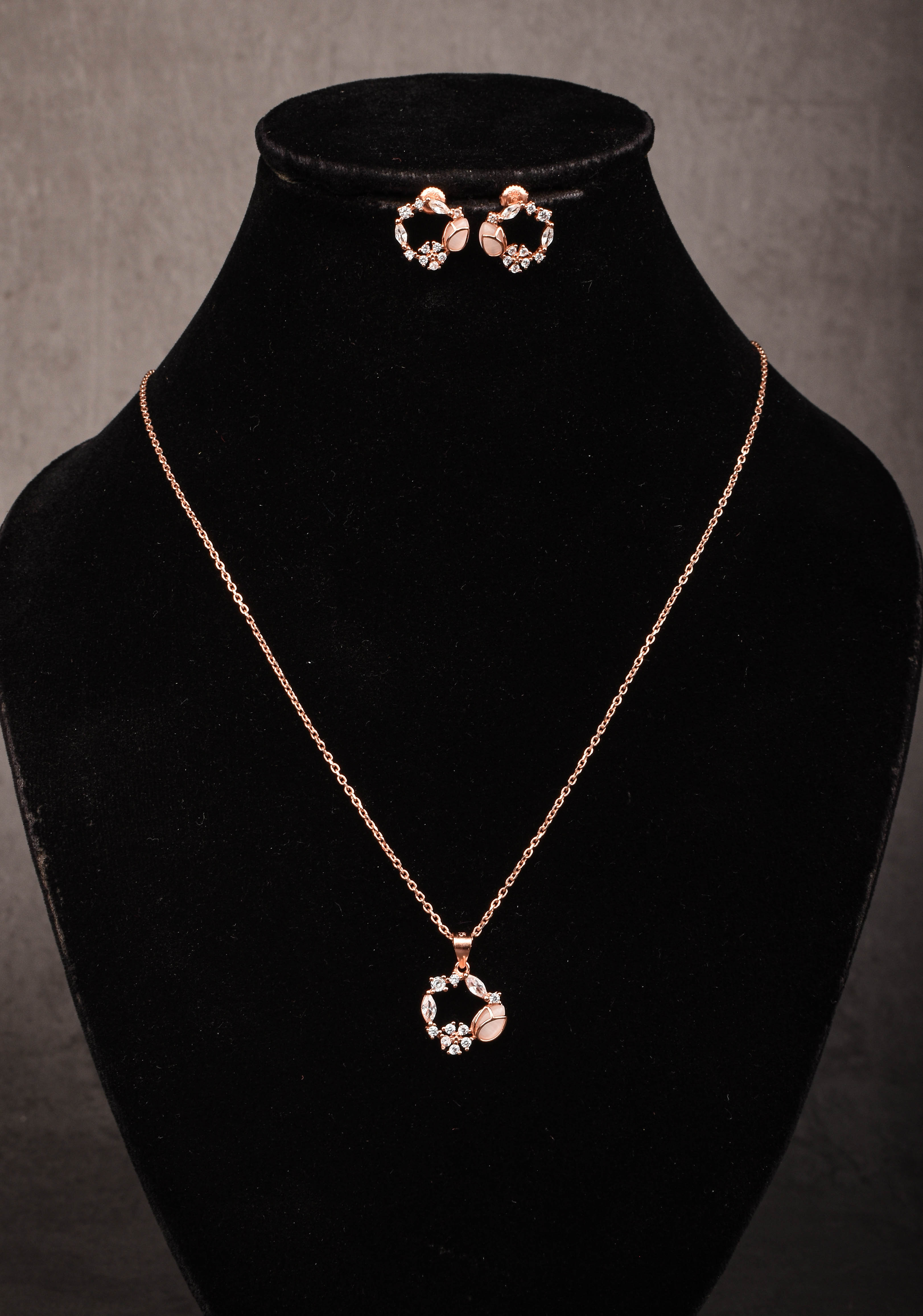 925 silver Pendant and Chain with Earrings in Rose Gold Finish – Subtle Elegance | Shobitam