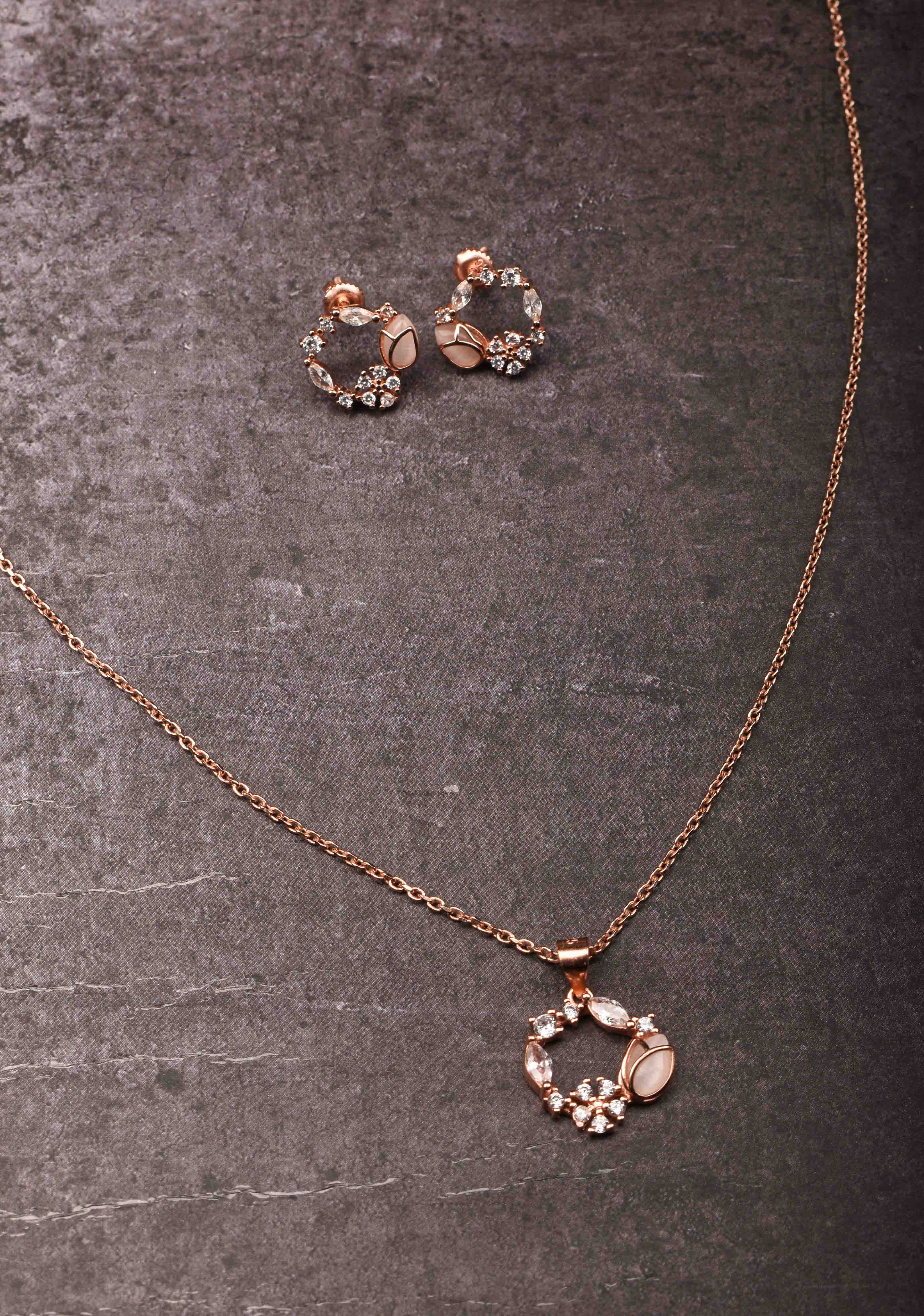 925 silver Pendant and Chain with Earrings in Rose Gold Finish – Subtle Elegance | Shobitam