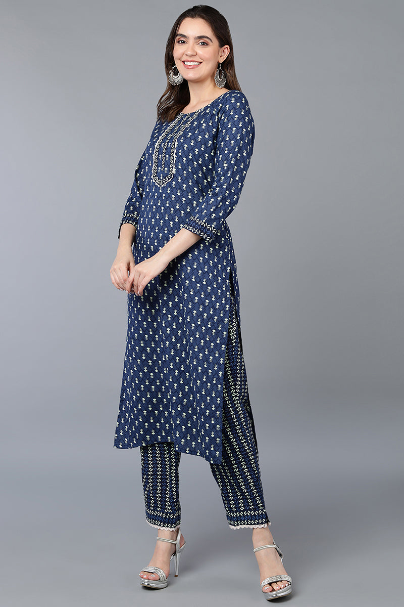 Navy Blue Cotton Straight Kurta Set | SHOBITAM