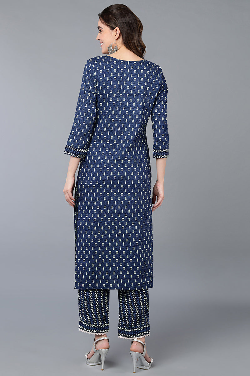 Navy Blue Cotton Straight Kurta Set | SHOBITAM