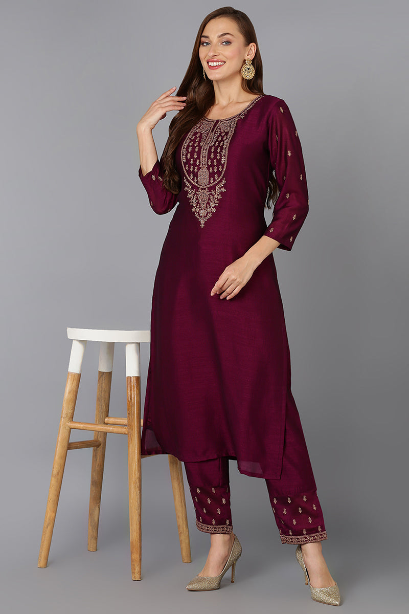 Silk Blend Wine Embroidered Kurta With Pant  | SHOBITAM