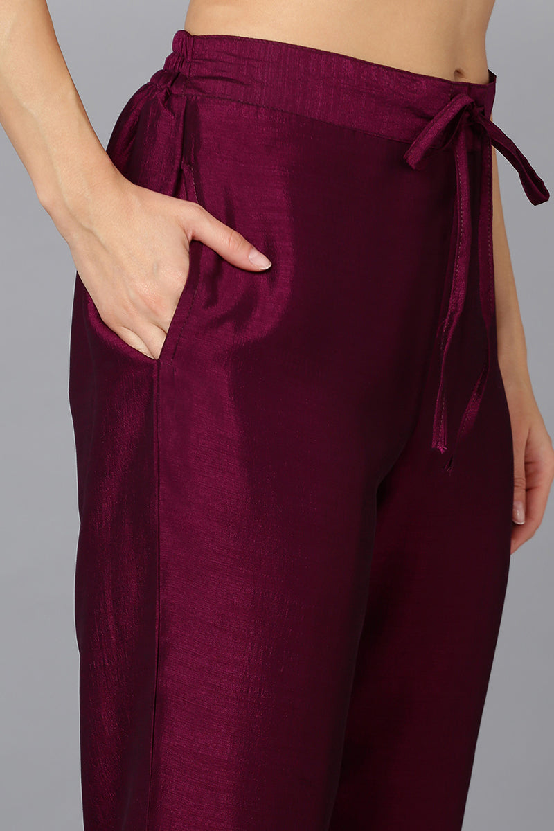 Silk Blend Wine Embroidered Kurta With Pant  | SHOBITAM