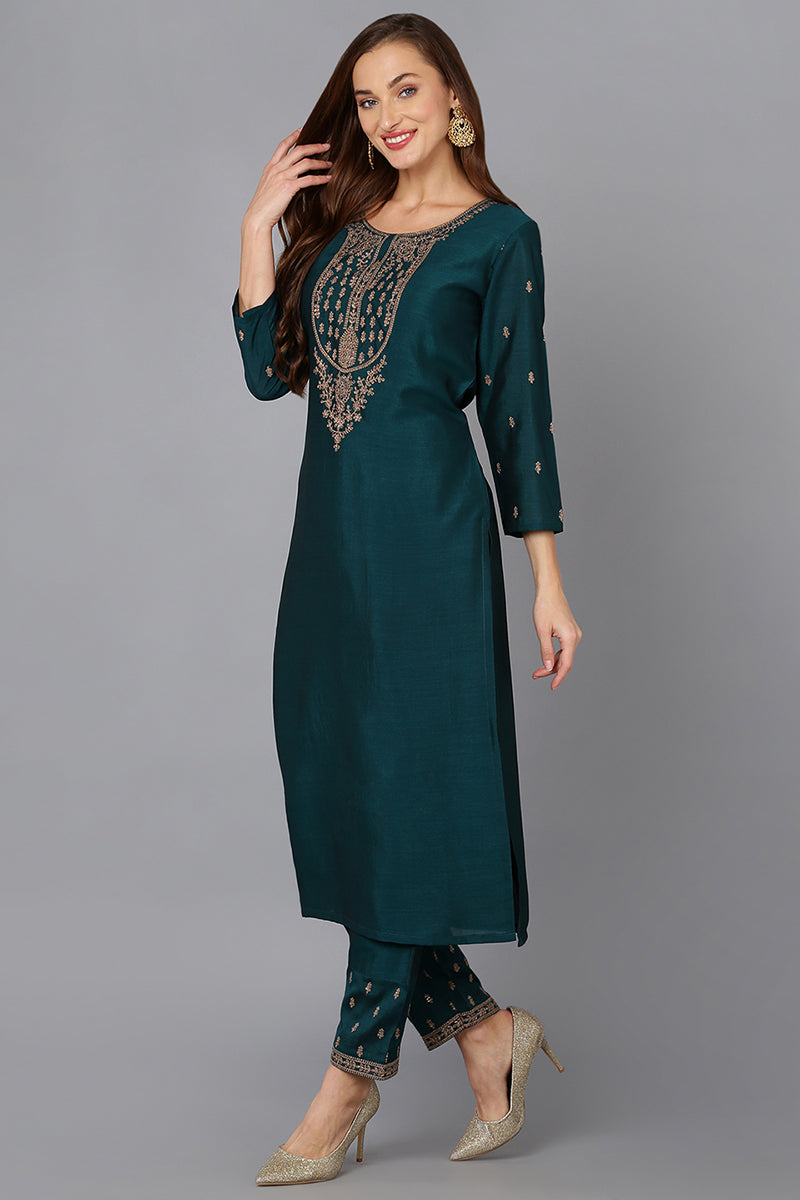 Silk Blend Bottle Green Embroidered Kurta With Pant  | SHOBITAM