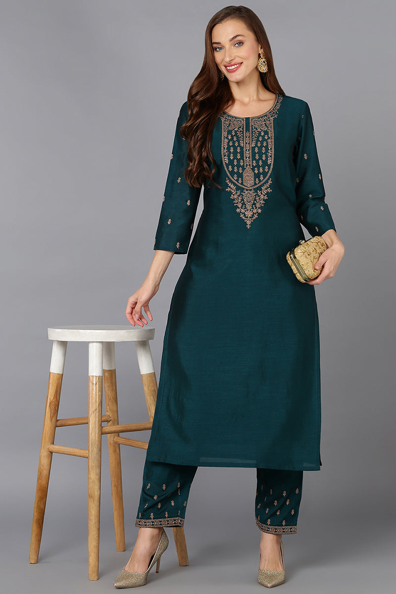 Silk Blend Bottle Green Embroidered Kurta With Pant  | SHOBITAM