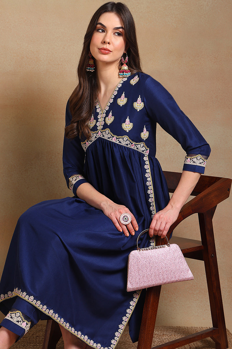 Navy Blue Silk Blend Solid Embroidered Flared Kurta Set | SHOBITAM