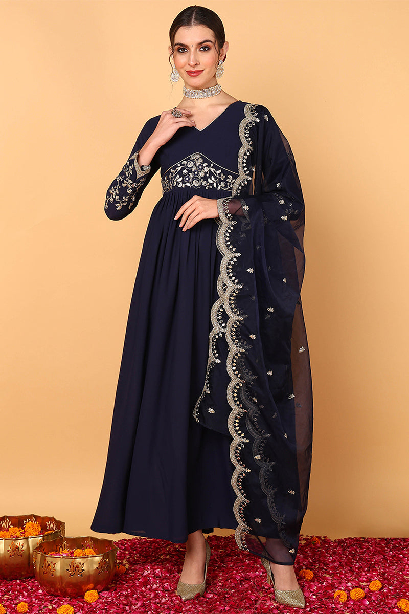 Blue Georgette Embroidered Zari Work Flared Kurta Set | SHOBITAM