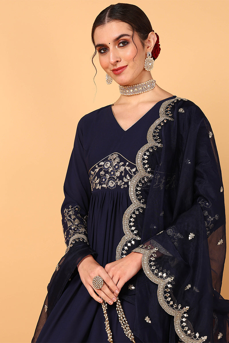 Plus Size Blue Georgette Embroidered Zari Work Flared Kurta Set | SHOBITAM