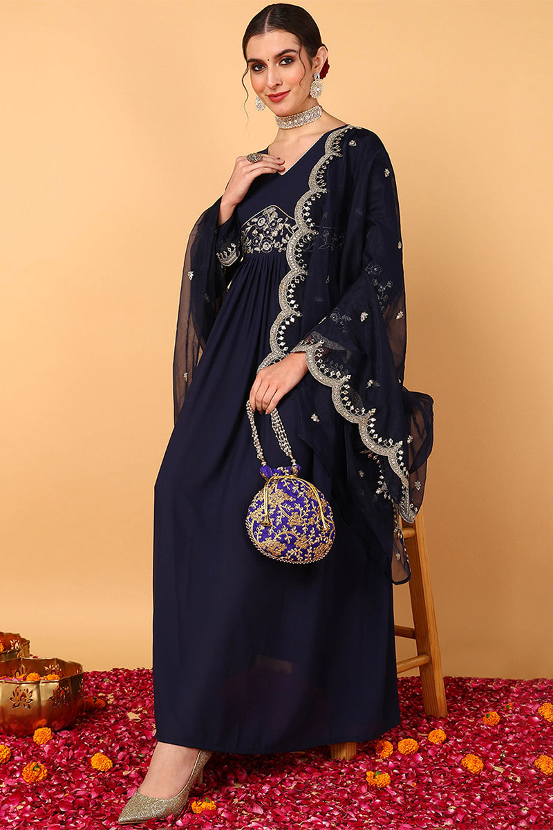 Plus Size Blue Georgette Embroidered Zari Work Flared Kurta Set | SHOBITAM