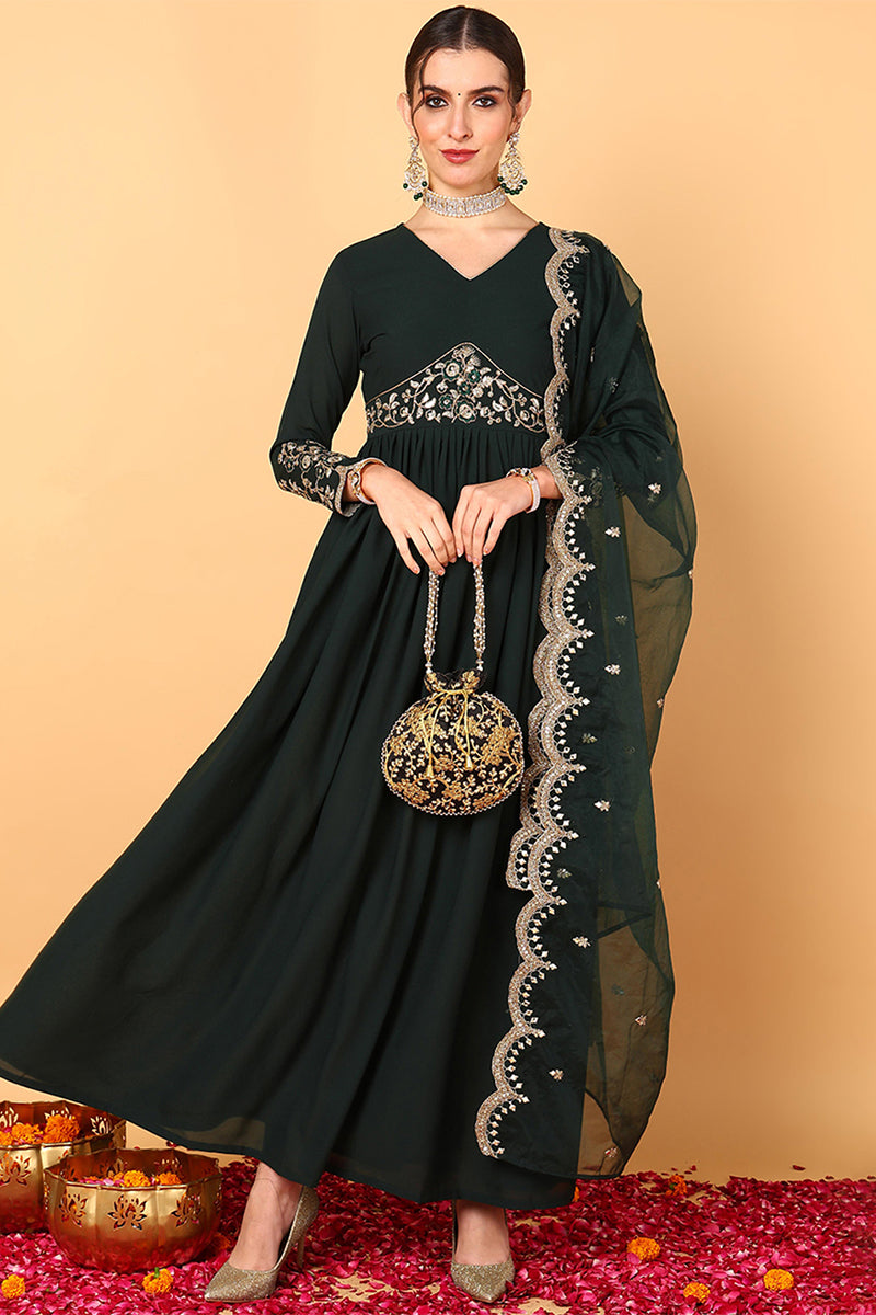 Green Georgette Embroidered Zari Work Flared Kurta Set | SHOBITAM