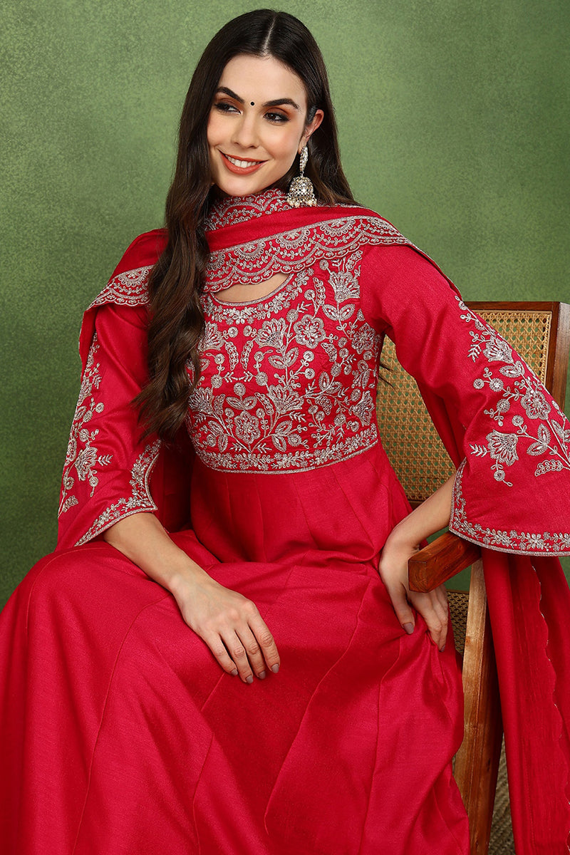 Pink Silk Blend Solid Embroidered Anarkali Kurta Set | SHOBITAM