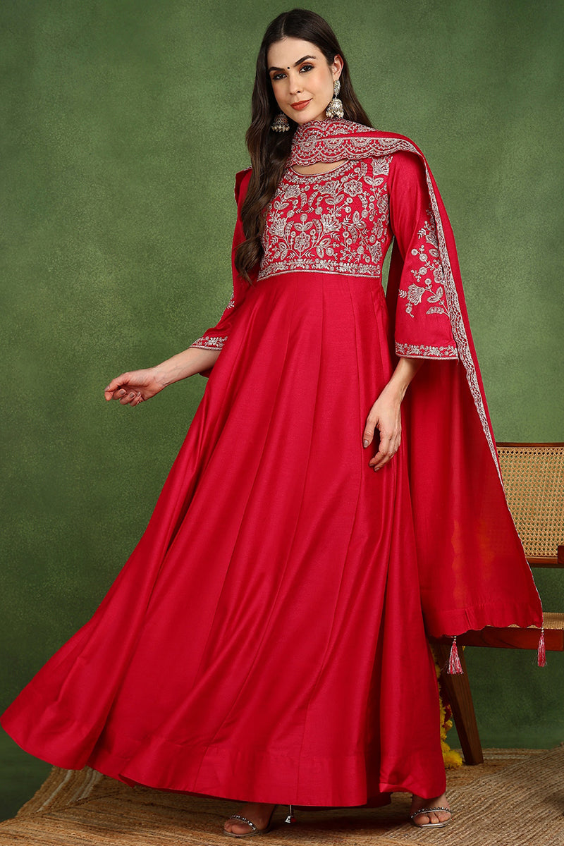 Pink Silk Blend Solid Embroidered Anarkali Kurta Set | SHOBITAM