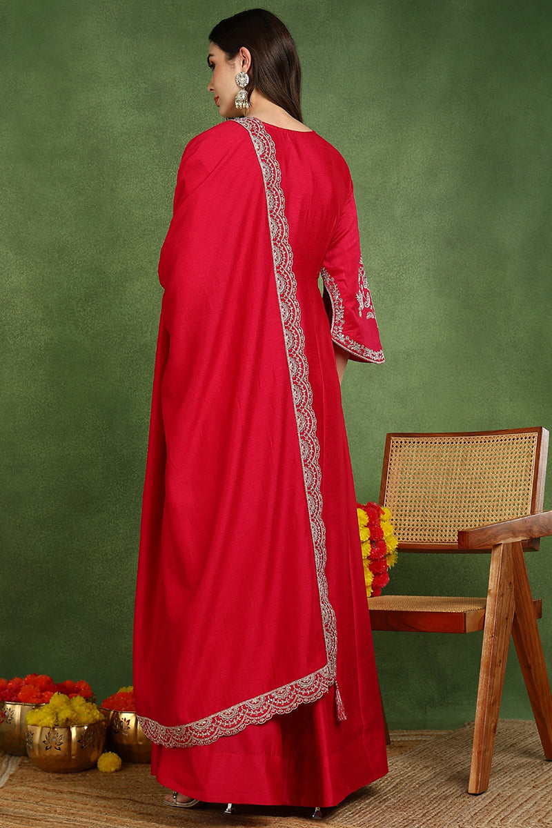 Pink Silk Blend Solid Embroidered Anarkali Kurta Set | SHOBITAM