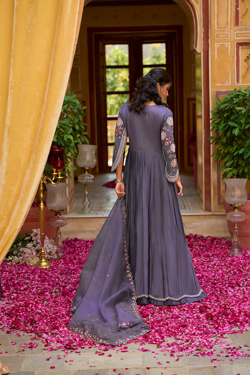 Purple Silk Blend Solid Embroidered Anarkali Gown with Dupatta | SHOBITAM