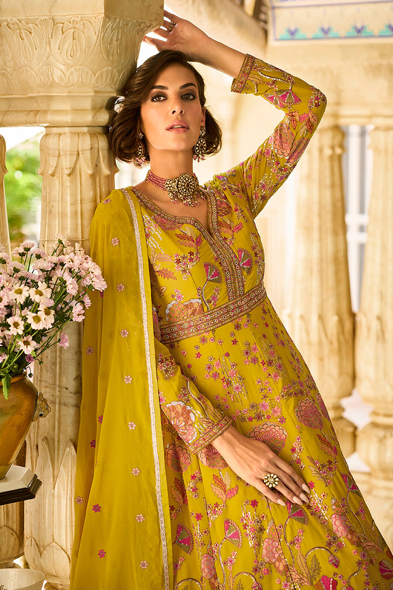 Mustard Georgette Solid Embroidered Anarkali Gown with Dupatta | SHOBITAM