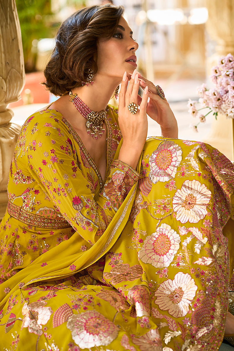 Mustard Georgette Solid Embroidered Anarkali Gown with Dupatta | SHOBITAM