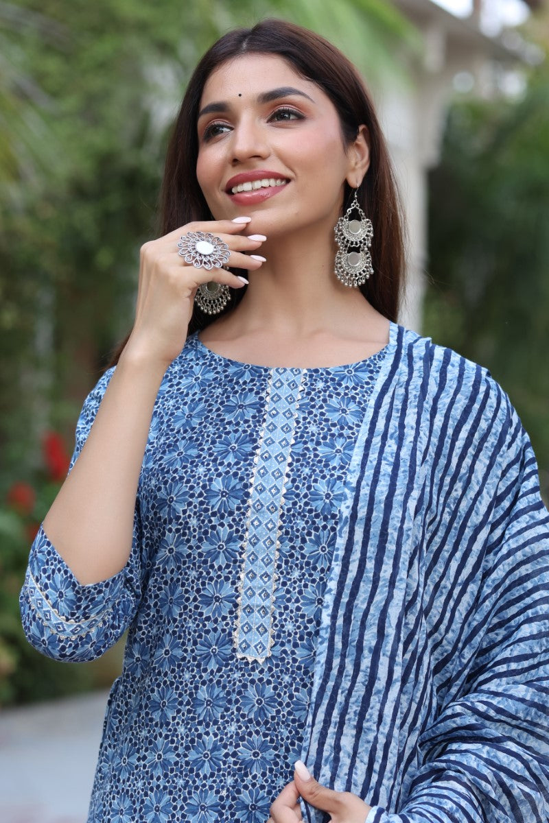 Women Blue & White Cotton Fabric Printed Fancy Kurta And Palazzo | SHOBITAM