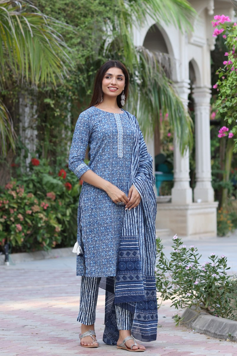 Women Blue & White Cotton Fabric Printed Fancy Kurta And Palazzo | SHOBITAM