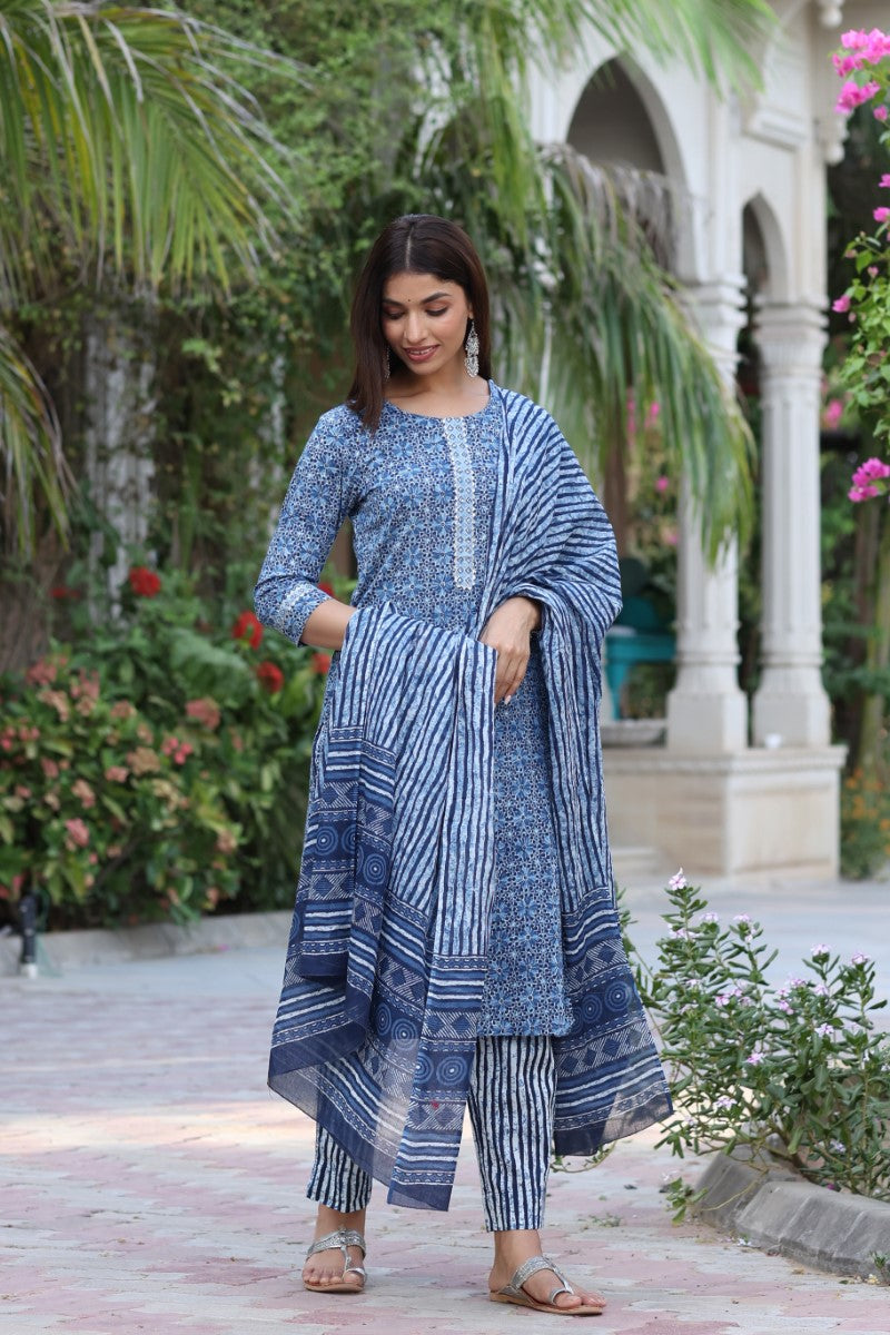 Women Blue & White Cotton Fabric Printed Fancy Kurta And Palazzo | SHOBITAM
