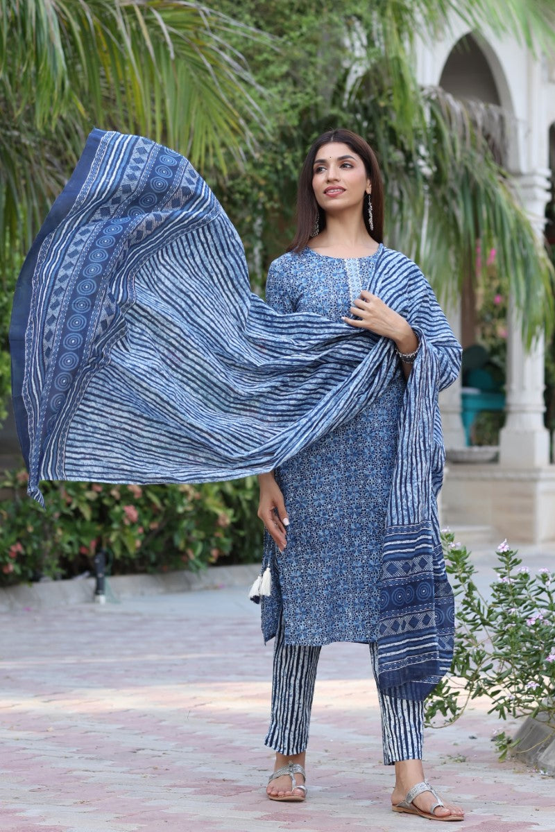 Women Blue & White Cotton Fabric Printed Fancy Kurta And Palazzo | SHOBITAM