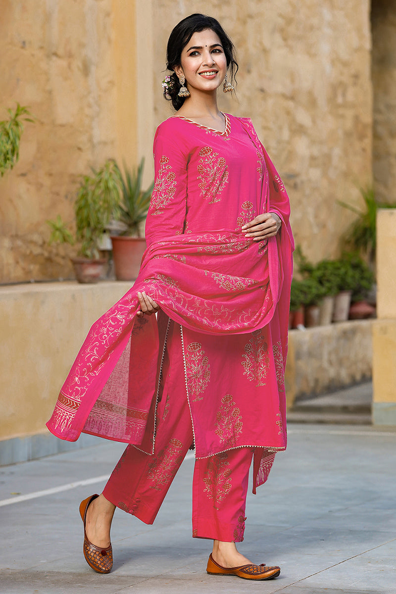Pink Cotton Straight Suit Set  | SHOBITAM