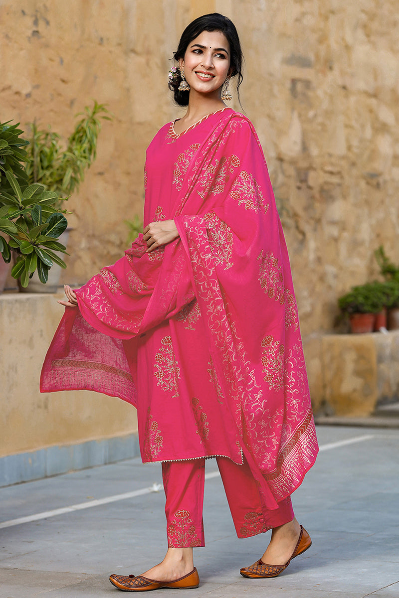 Pink Cotton Straight Suit Set  | SHOBITAM