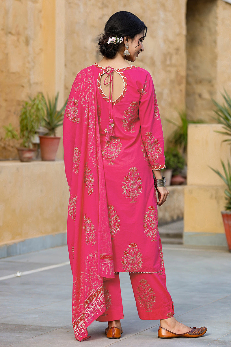 Pink Cotton Straight Suit Set  | SHOBITAM