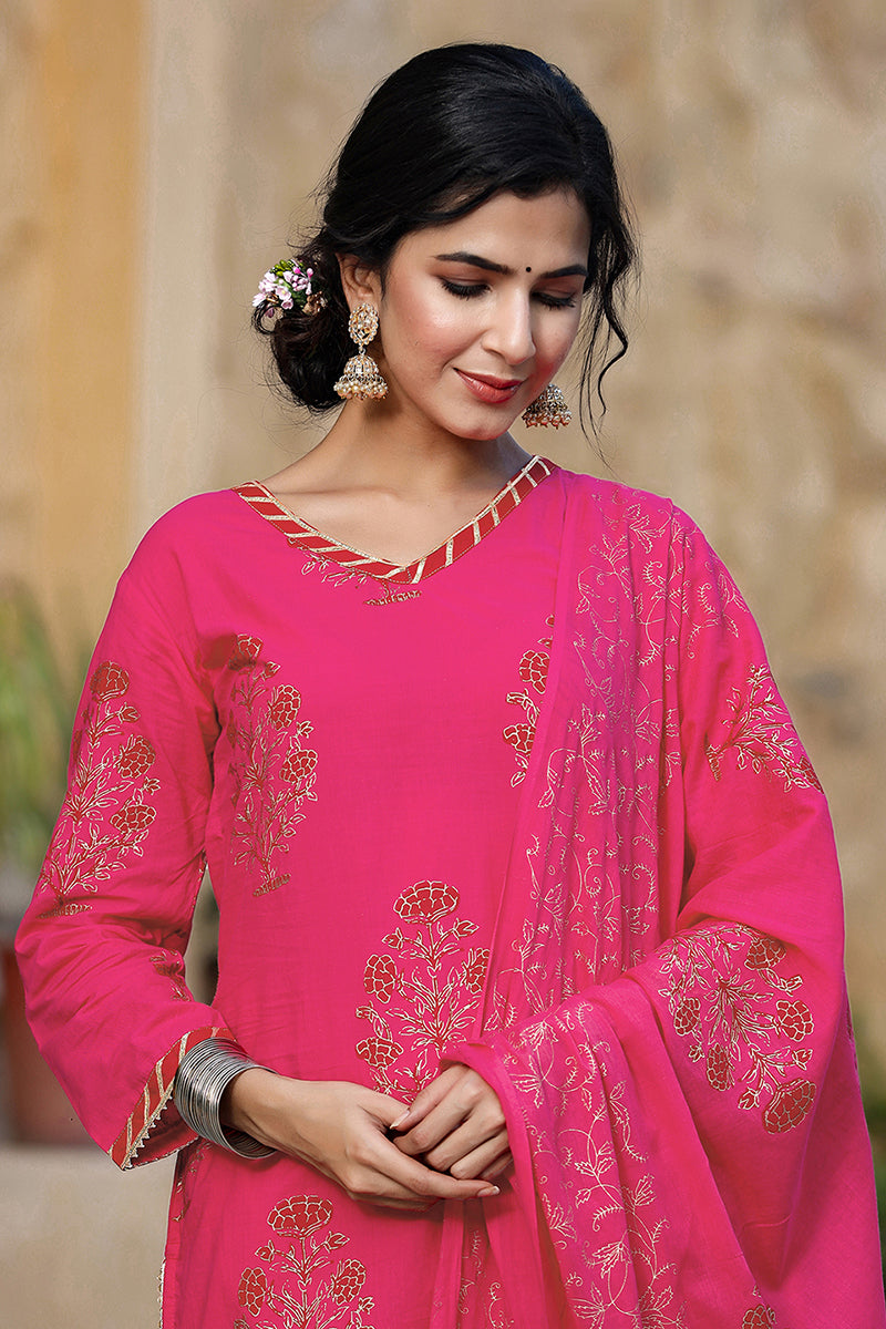 Pink Cotton Straight Suit Set  | SHOBITAM