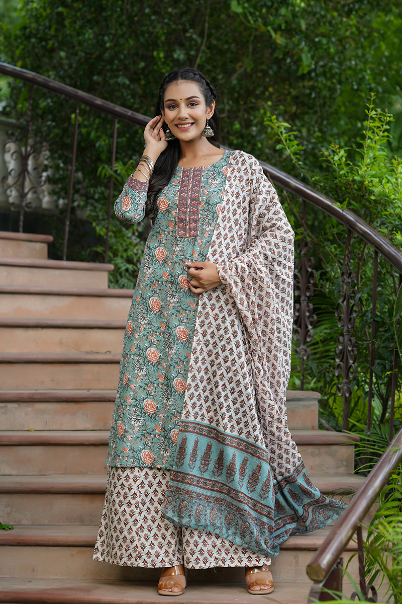 Green Cotton Straight Suit Set | SHOBITAM