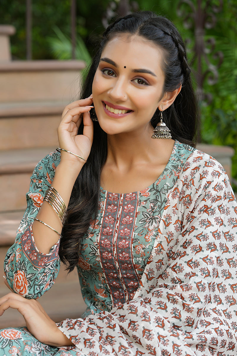 Green Cotton Straight Suit Set | SHOBITAM