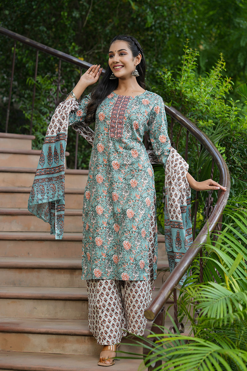 Green Cotton Straight Suit Set | SHOBITAM