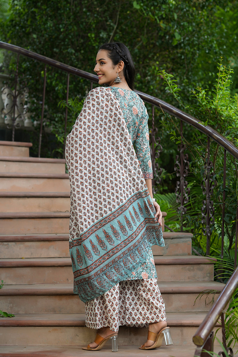 Green Cotton Straight Suit Set | SHOBITAM