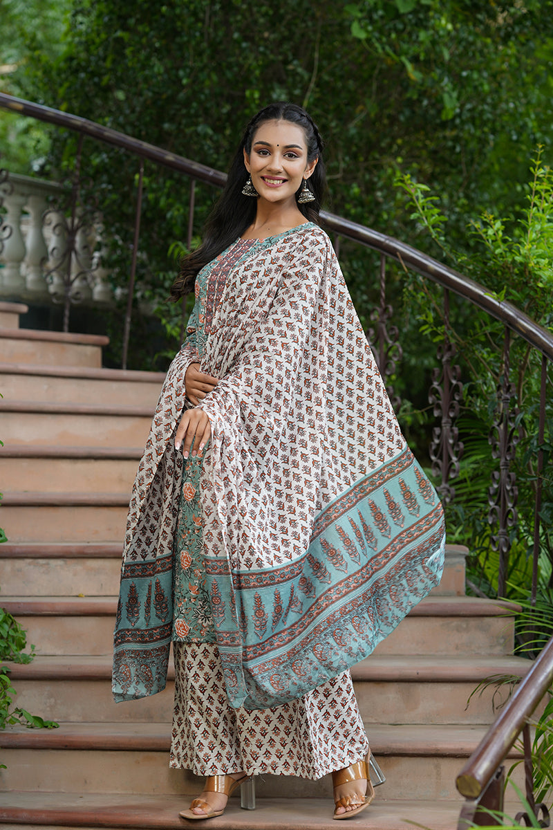 Green Cotton Straight Suit Set | SHOBITAM