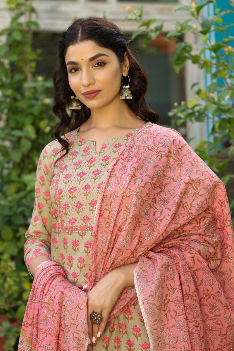 Green Cotton Floral Printed Straight Kurta Pant Dupatta Set | SHOBITAM