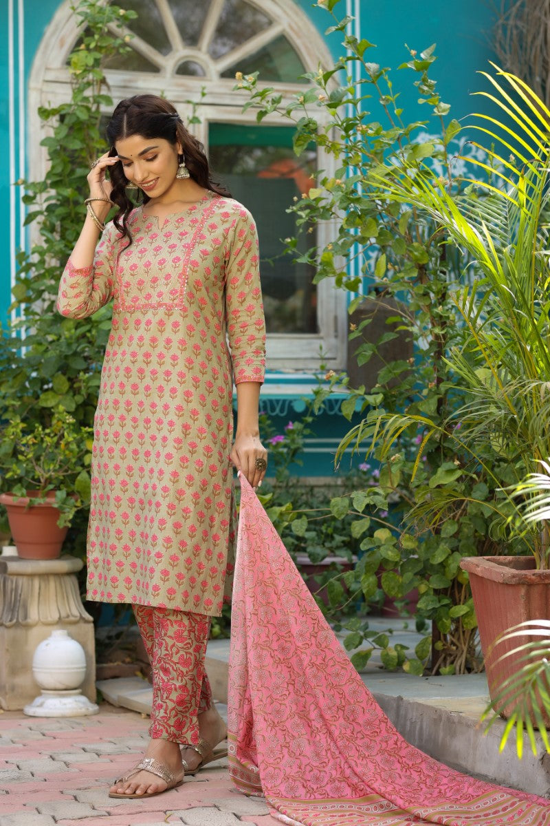 Green Cotton Floral Printed Straight Kurta Pant Dupatta Set | SHOBITAM