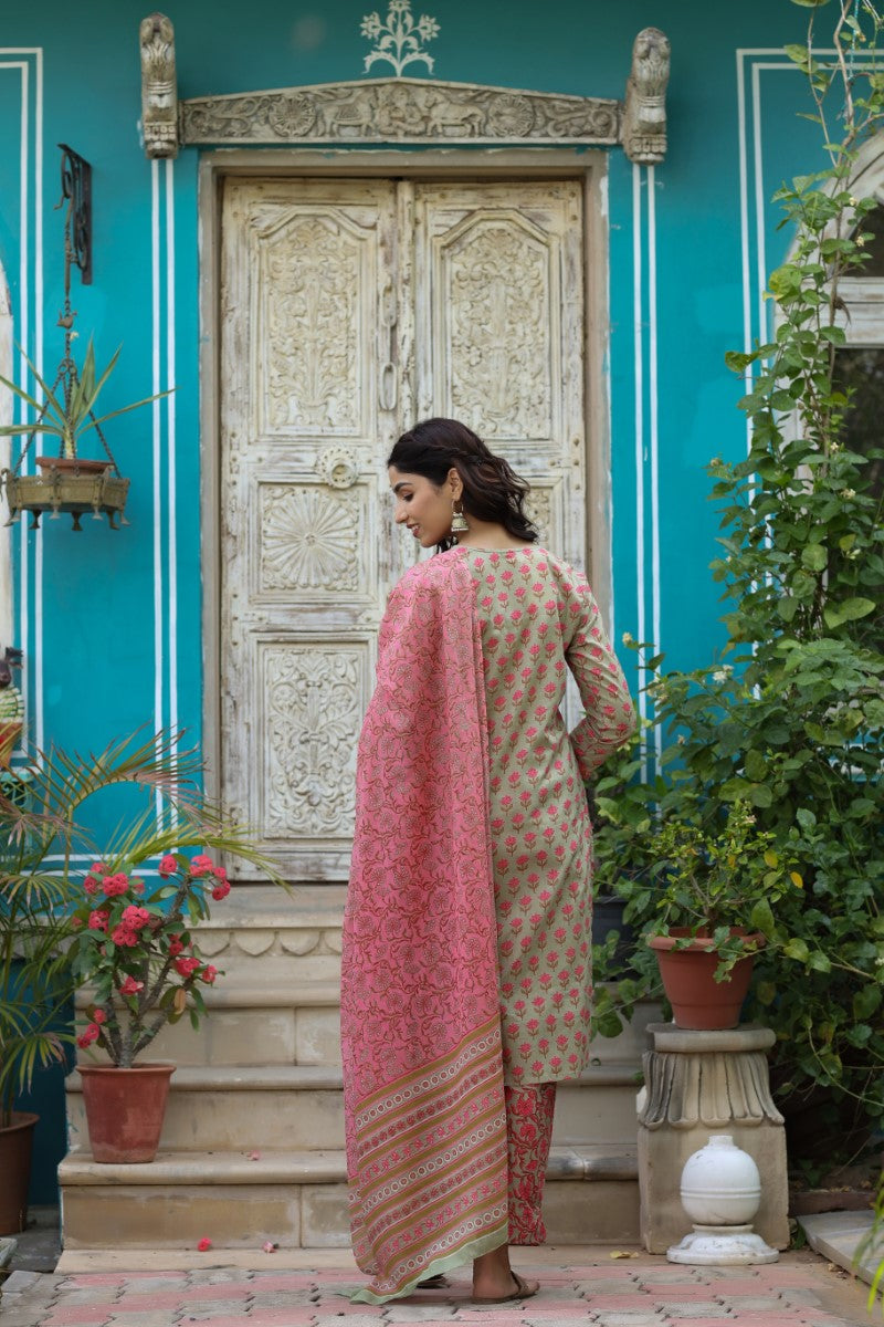 Green Cotton Floral Printed Straight Kurta Pant Dupatta Set | SHOBITAM