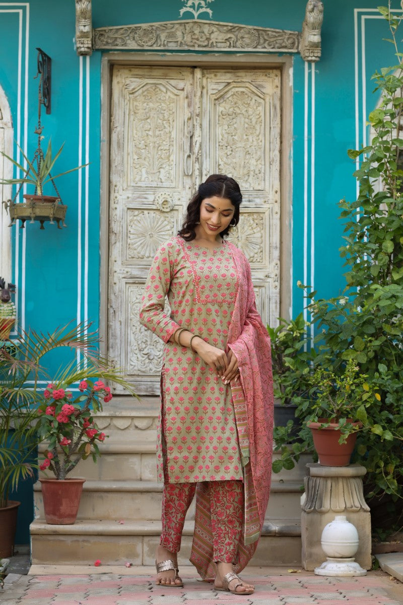 Green Cotton Floral Printed Straight Kurta Pant Dupatta Set | SHOBITAM