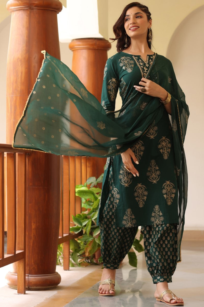 Green Gold Ethnic Print sequence Detail Cotton Kurta with Trousers Dupatta | SHOBITAM