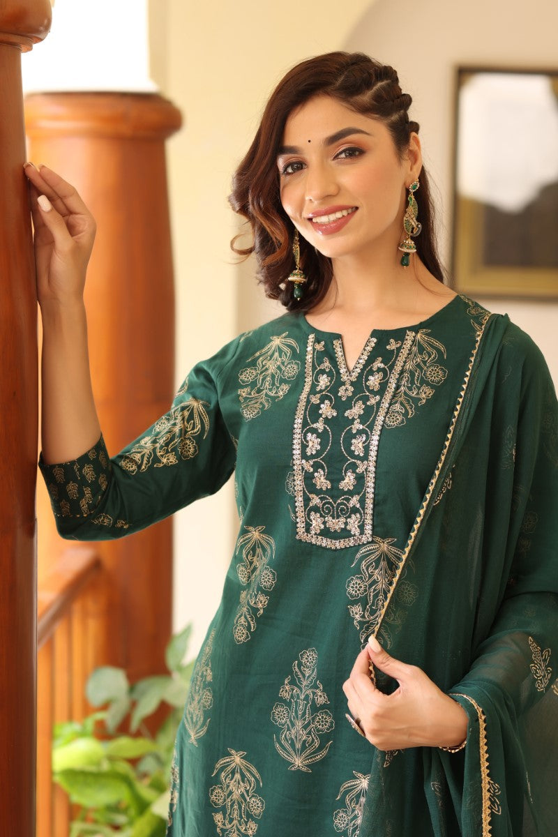 Green Gold Ethnic Print sequence Detail Cotton Kurta with Trousers Dupatta | SHOBITAM