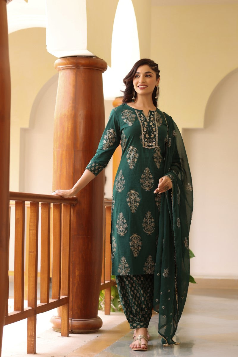Green Gold Ethnic Print sequence Detail Cotton Kurta with Trousers Dupatta | SHOBITAM