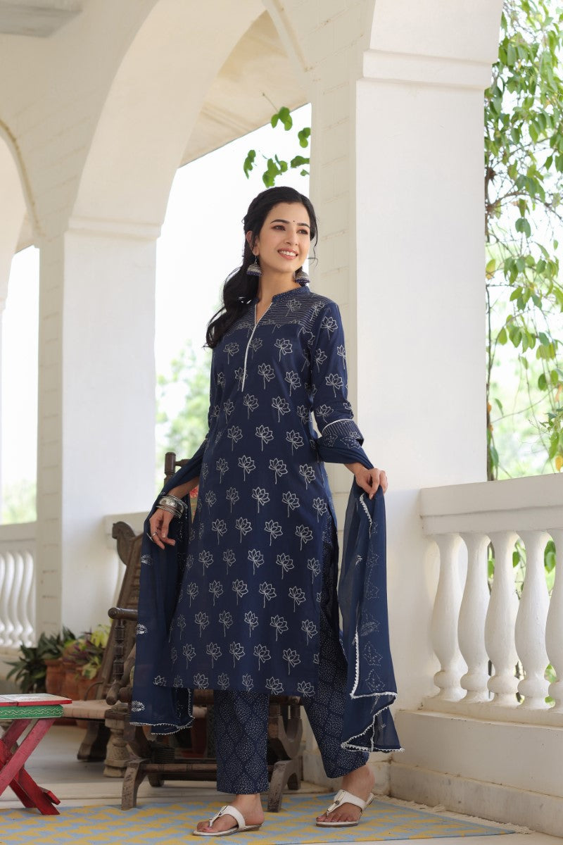 Navy Blue Floral Printed Pure Cotton Suit Set | SHOBITAM